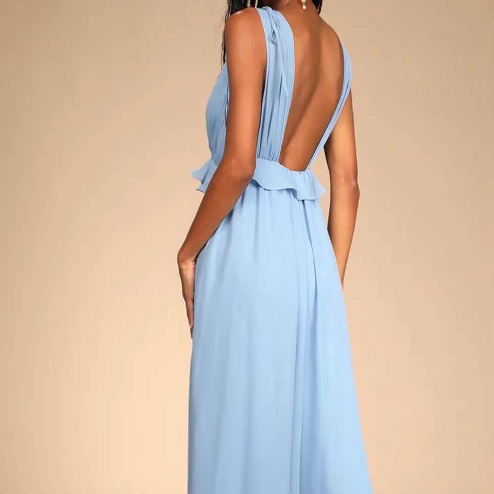 Embrace the Romance Light Blue Backless Wide-Leg Jumpsuit